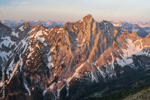 Sunrise with view of the mountain Kellenspitze Köllenspitze from top of mountain große Schlicke in the Tannheimer Valley