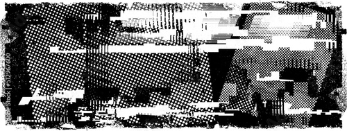 Glitch distorted geometric shape . Noise destroyed logo . Trendy defect error shapes . Glitched frame .Grunge textured . Distressed effect .Vector shapes with a halftone dots screen print texture.