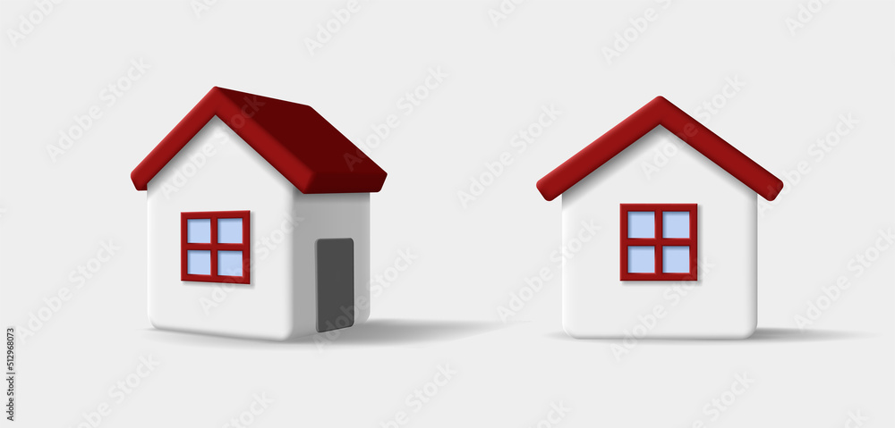 3d house icon, white building with red roof. Vector illustration