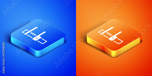 Isometric Calliper or caliper and scale icon isolated on blue and orange background. Precision measuring tools. Square button. Vector