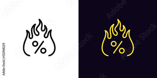 Outline hot percent icon, with editable stroke. Percentage sign with fire, burning sale pictogram. Fiery discount tag