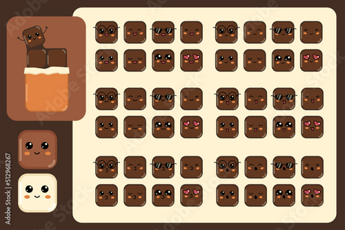 Pice of chocolate bar cute kawaii character, different expressions sweet cube face, happy smiling kiss surprised sqiunt kawaii avatar icons milk dark and white chocolate vector illustration