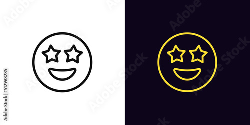 Outline star emoji icon, with editable stroke. Superstar emoticon with starry eyes, star struck face pictogram. Amazed funny emoji