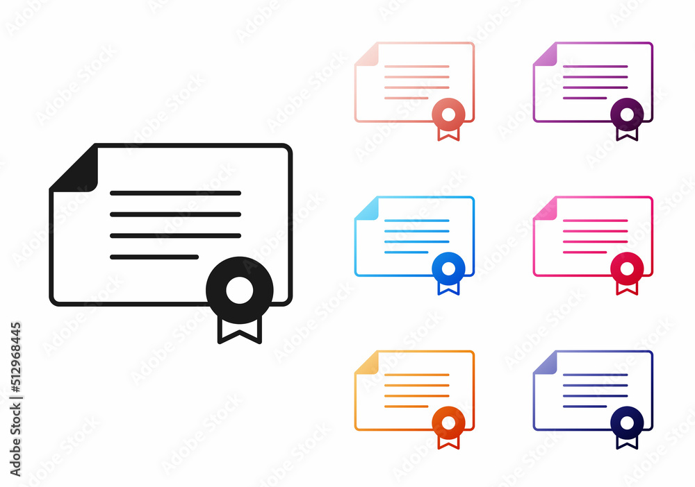 Black Certificate template icon isolated on white background. Achievement, award, degree, grant, diploma concepts. Set icons colorful. Vector Black Certificate template icon isolated on white background. Achievement, award, degree, grant, diploma concepts. Set icons colorful. Vector