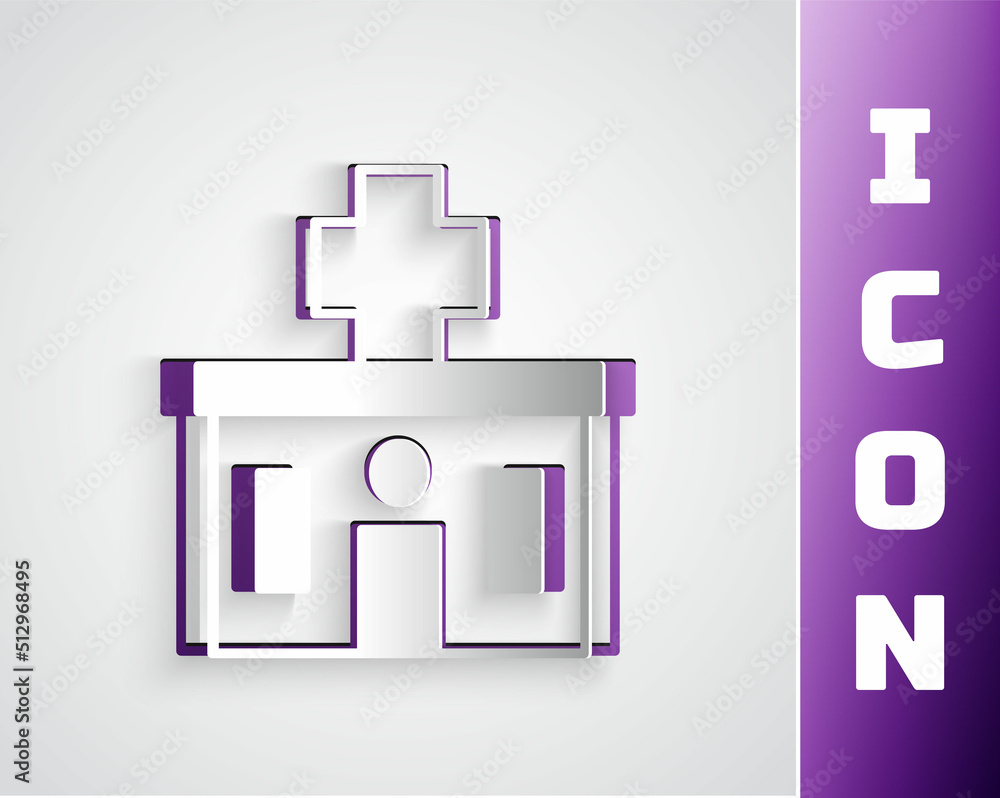 Obraz premium Paper cut Medical hospital building with cross icon isolated on grey background. Medical center. Health care. Paper art style. Vector