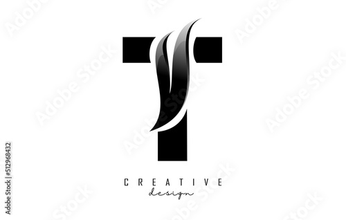 Vector illustration of abstract letter T with black leaf, eco, natural design. Letter T logo with creative cut and shape.