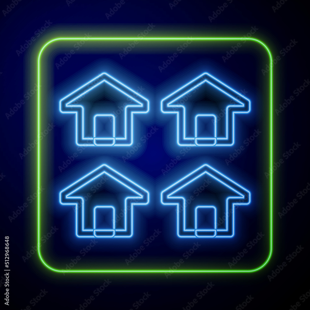 Fototapeta premium Glowing neon House icon isolated on blue background. Real estate agency or cottage town elite class. Vector