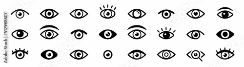 Eye icon set. Simple eye icon vector. Eye silhouette. Magnifier with eye outline icon set. Eyesight symbol. Vector illustration