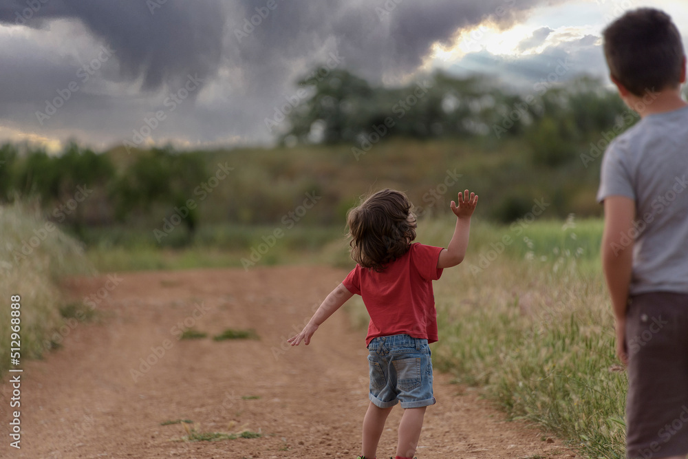 Fototapeta premium Two Caucasian boys walk through the field looking at a storm in the sky.