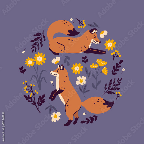 Round composition with foxes and flowers. Vector graphics.