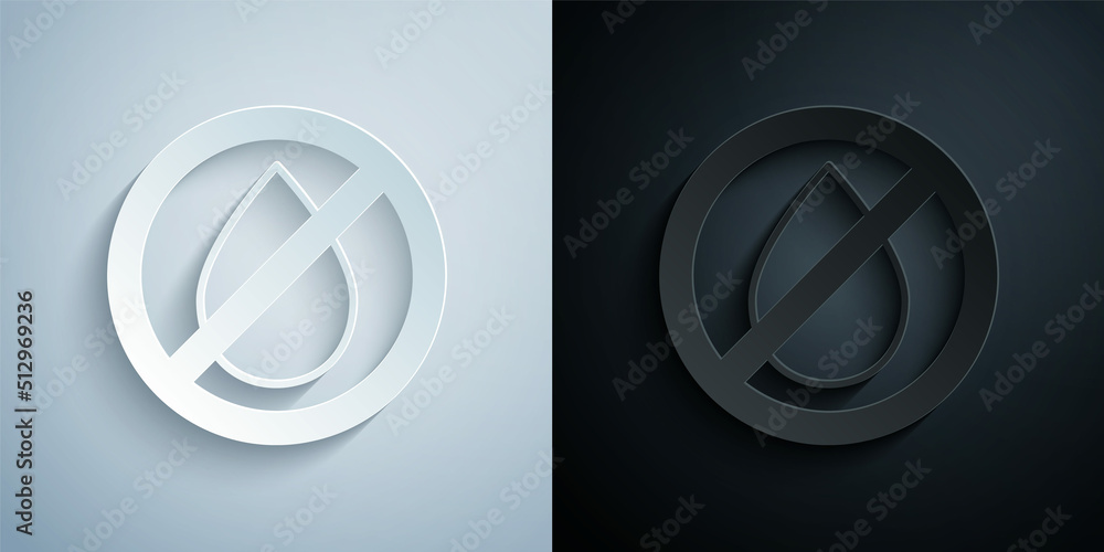 Paper cut Water drop forbidden icon isolated on grey and black background. No water sign. Paper art style. Vector Paper cut Water drop forbidden icon isolated on grey and black background. No water sign. Paper art style. Vector