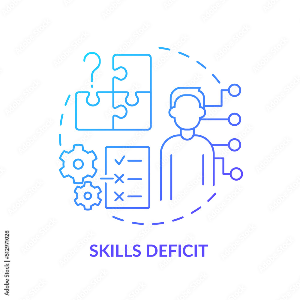 Skills deficit blue gradient concept icon. No professional development. Adaptability enemy in HR abstract idea thin line illustration. Isolated outline drawing. Myriad Pro-Bold fonts used - obrazy, fototapety, plakaty 