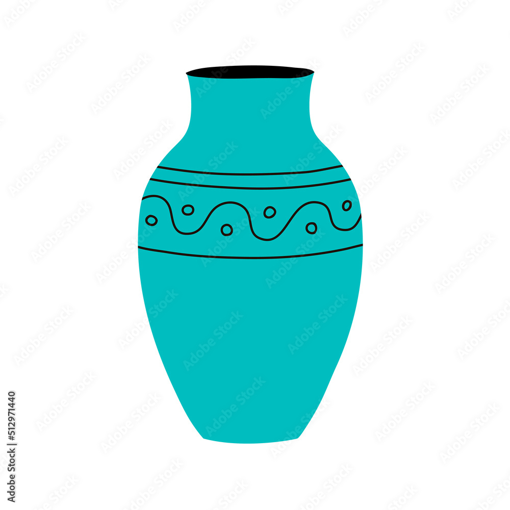 Decorative vase for home flowers with a striped pattern. Plant blue pot. Element of a room interior. Ancient style and design. Flat vector illustration isolated on white background
