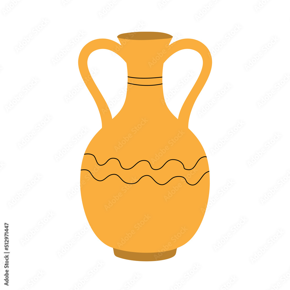 Decorative vase for home flowers with a striped pattern. Plant yellow pot. Element of a room interior. Ancient style and design. Flat vector illustration isolated on white background