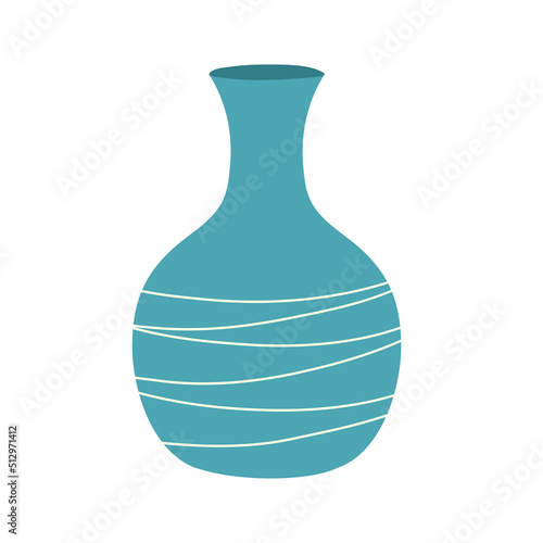 Decorative vase for home flowers with a striped pattern. Plant blue pot. Element of a room interior. Ancient style and design. Flat vector illustration isolated on white background