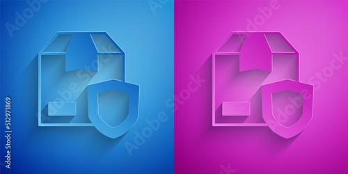 Paper cut Delivery security with shield icon isolated on blue and purple background. Delivery insurance. Insured cardboard boxes beyond the shield. Paper art style. Vector