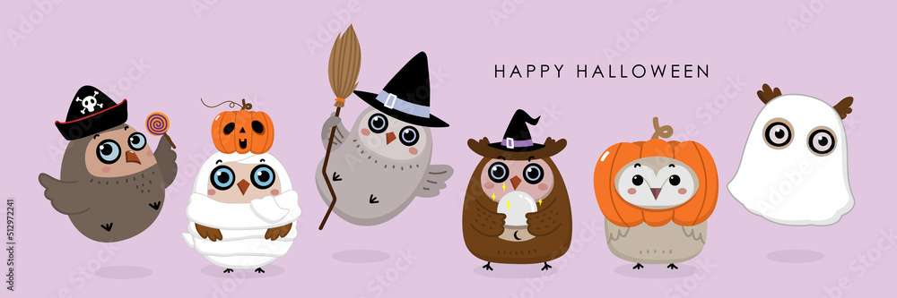 Cute owl with ghost, pirate and witch costume. Little bird in Halloween party. Animal holidays cartoon character. -Vector Cute owl with ghost, pirate and witch costume. Little bird in Halloween party. Animal holidays cartoon character. -Vector