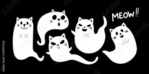 Halloween pet cartoon character. Cute cat and kitten ghost. - Vector