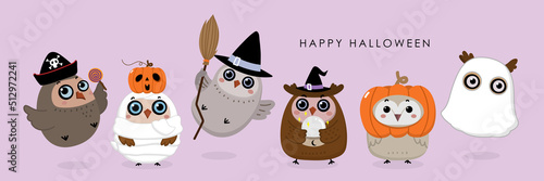 Cute owl with ghost, pirate and witch costume. Little bird in Halloween party. Animal holidays cartoon character. -Vector