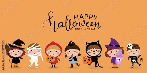 WeHalloween holidays cartoon character. Cute kids in witch, mummy, pirate, skeleton and black cat costume. Ghost and spooky pumpkin. Vector isolated set