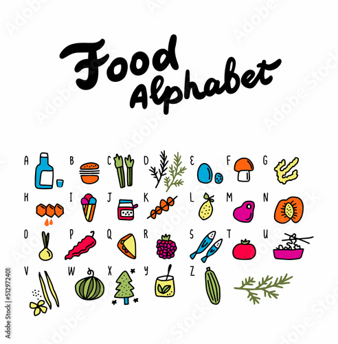 Food alphabet hand drawn vector illustration in cartoon style doodle art