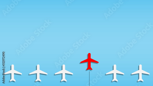 Group of white airplane in one direction and one red airplane as leader. Business leadership for new ideas creativity concepts. 3d rendering