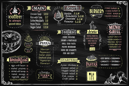 Chalk menu list vector design mockup for cafe or restaurant