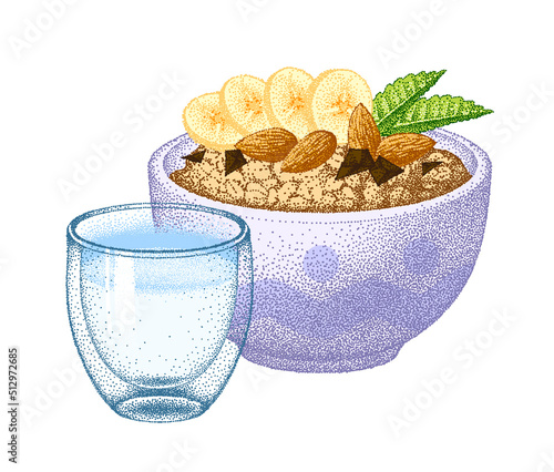 Granola yogurt. Oat grain in bowl. Oatmeal healthy breakfast. Porridge and sour milk drink in glass. Muesli flakes. Vector realistic sketch.