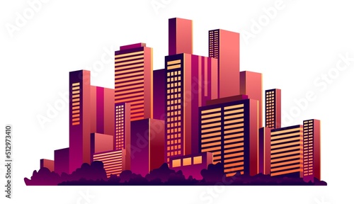 Abstract of City Building Glowing Purple Color. View of City Buildings Scene Vector Illustration .