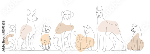 dogs and cats drawing in one continuous line, isolated
