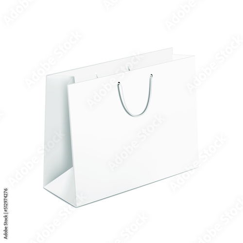 3D white shopping bag mock up. Blank packaging template design. horizontal paper package with copy space. 3d isolated on background. realistic vector illustration.