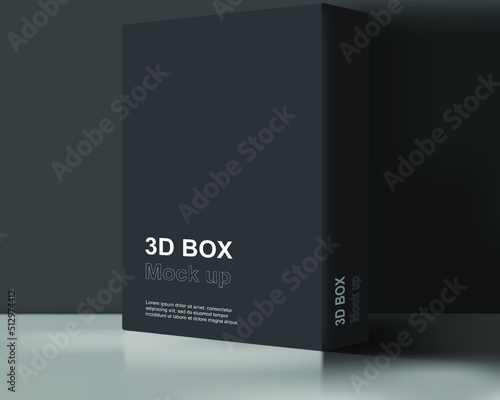 3d box mock up with black cover. Blank packaging template design. Vertical paper carton with copy space. 3d isolated vector illustration.