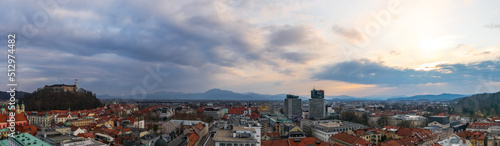 Panoramic wide angle aerial view over the the city of Ljubljana during sunset © nordantin