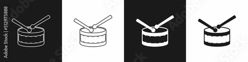 Set Drum with drum sticks icon isolated on black and white background. Music sign. Musical instrument symbol. Vector