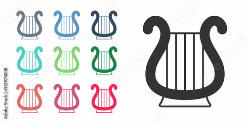 Black Ancient Greek lyre icon isolated on white background. Classical music instrument, orhestra string acoustic element. Set icons colorful. Vector