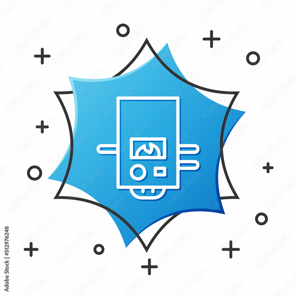 Fototapeta premium White line Gas boiler with a burning fire icon isolated on white background. Blue hexagon button. Vector