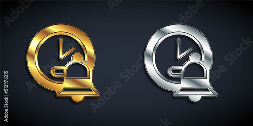 Gold and silver Alarm clock icon isolated on black background. Wake up, get up concept. Time sign. Long shadow style. Vector