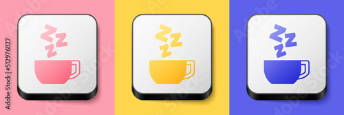Isometric Chamomile tea icon isolated on pink, yellow and blue background. A useful therapeutic drink from flowers of chamomile medicinal. Square button. Vector
