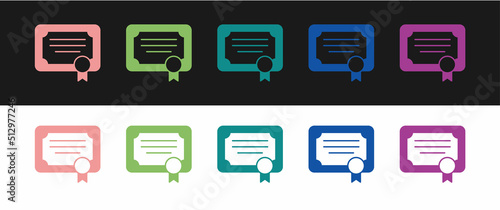 Set Certificate template icon isolated on black and white background. Achievement, award, degree, grant, diploma concepts. Vector