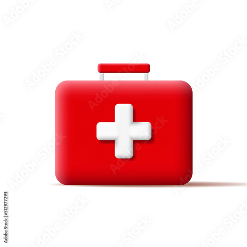 3d icon of emergency aid kit, red briefcase with white cross. Vector illustration