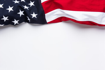 The flag of the United States of America on white background with copy space