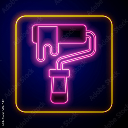 Glowing neon Paint roller brush icon isolated on black background. Vector