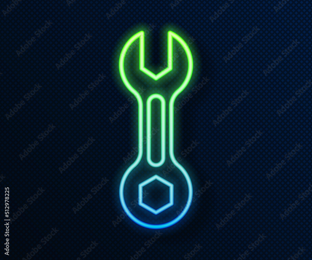 Glowing neon line Wrench spanner icon isolated on blue background. Vector Glowing neon line Wrench spanner icon isolated on blue background. Vector