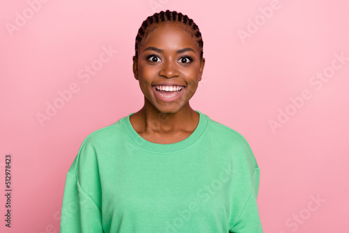 Close-up photo of cheerful amazed young female see her favorite clothes discount promotion isolated on pink color background
