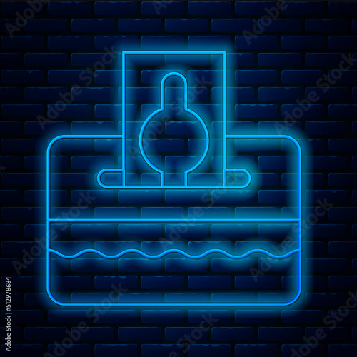 Glowing neon line Donate or pay your zakat as muslim obligatory icon isolated on brick wall background. Muslim charity or alms in ramadan kareem before eid al-fir. Vector