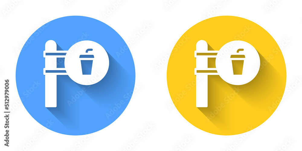 White Cafe and restaurant location icon isolated with long shadow background. Fork and spoon eatery sign inside pinpoint. Circle button. Vector. White Cafe and restaurant location icon isolated with long shadow background. Fork and spoon eatery sign inside pinpoint. Circle button. Vector.