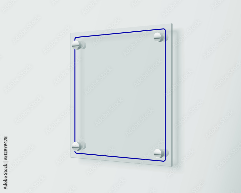 Glass signage mock up. Transparent square acrylic sign template for