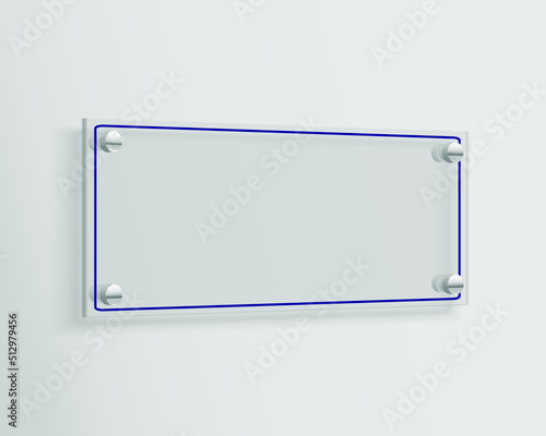Glass signage mock up. Transparent rectangle acrylic sign template for design. Blank branding display with copy space. 3d vector illustration.