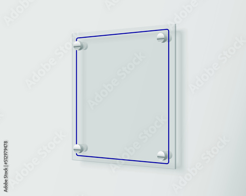 Glass signage mock up. Transparent square acrylic sign template for design. Blank branding display with copy space. 3d vector illustration.