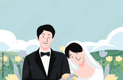 Colorful wedding day bride and groom couple marriage ceremony with hill landscape and scenery vector illustration